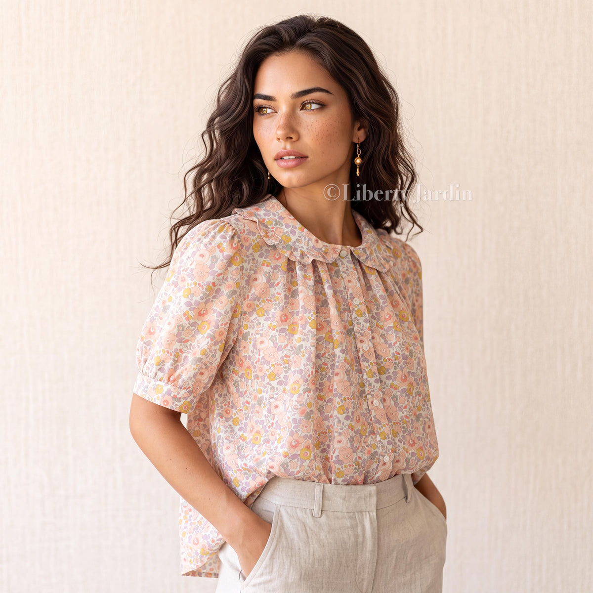 Liberty London Frilled Peter-Pan Collared Handmade Blouse, Button-up Puffed-Sleeves Chemise, Sustainable Tailoring Versatile Shirt