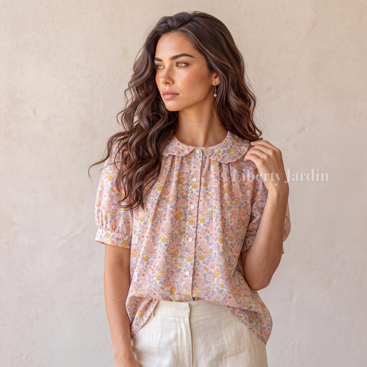 Liberty London Frilled Peter-Pan Collared Handmade Blouse, Button-up Puffed-Sleeves Chemise, Sustainable Tailoring Versatile Shirt