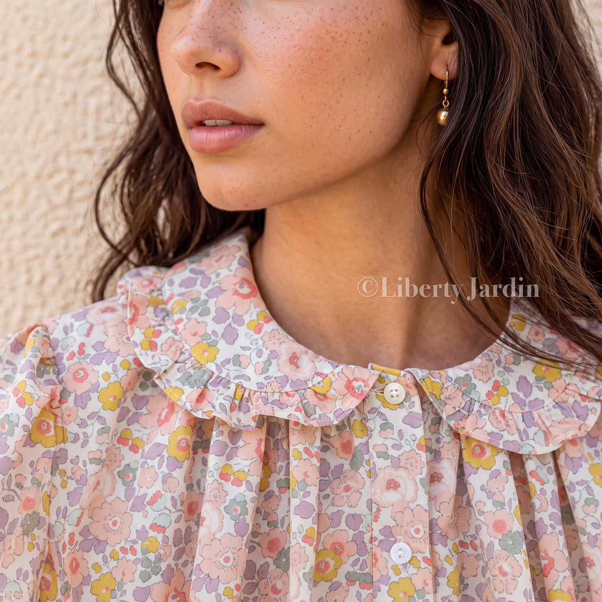 Liberty London Frilled Peter-Pan Collared Handmade Blouse, Button-up Puffed-Sleeves Chemise, Sustainable Tailoring Versatile Shirt
