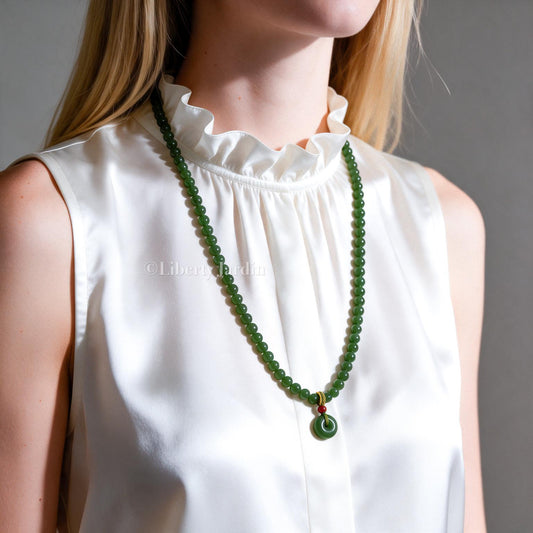 Russian Green Nephrite Jade Beaded Necklace, Natural Stone Accessories, Handmade Certified Men Women Jewellery