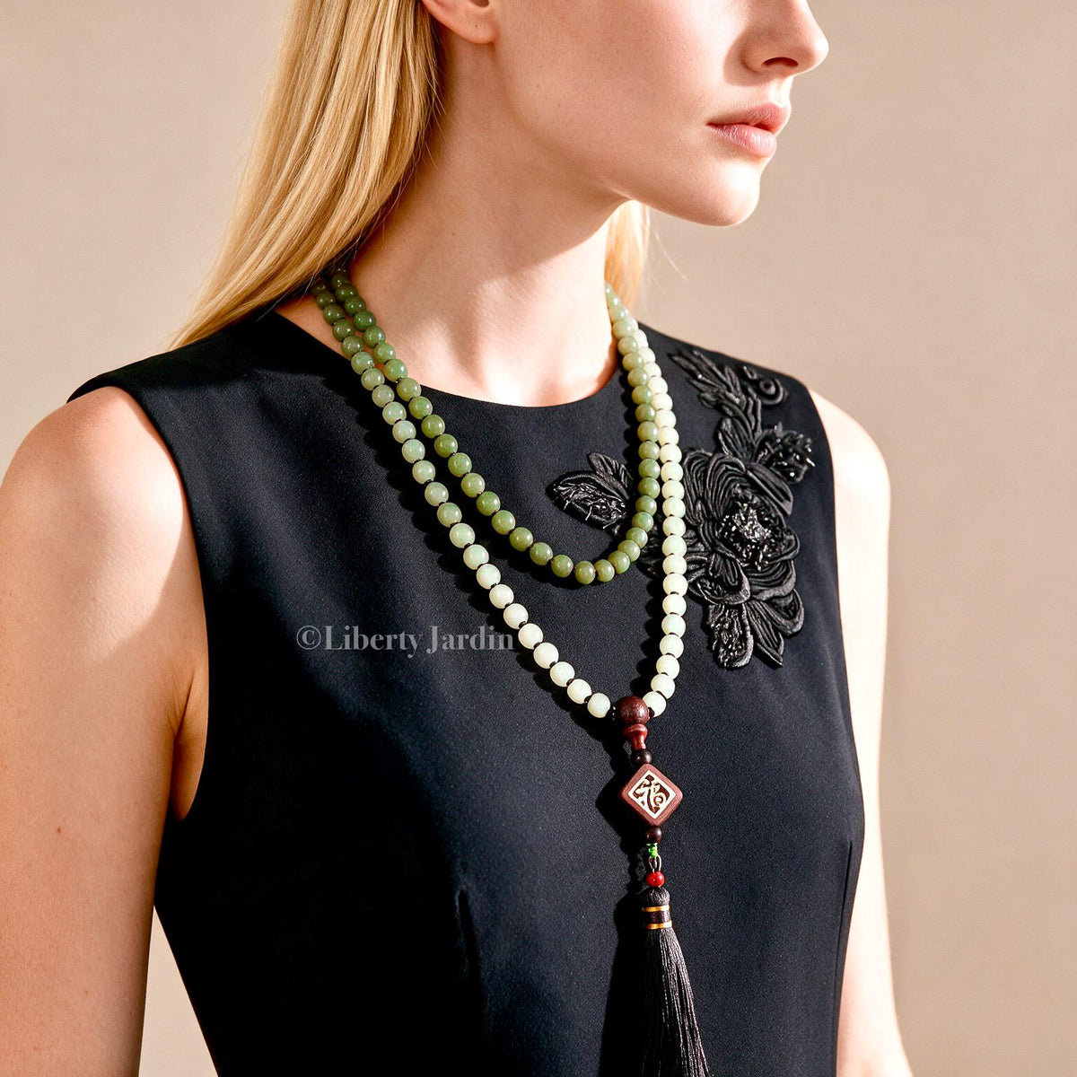Natural Nephrite Long Beaded Necklace, Ombre-colour Statement Jewellery, Handmade Tassel Effortless Accessories, Special Occasion