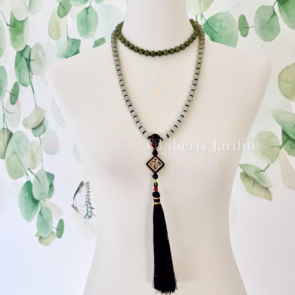 Natural Nephrite Long Beaded Necklace, Ombre-colour Statement Jewellery, Handmade Tassel Effortless Accessories, Special Occasion