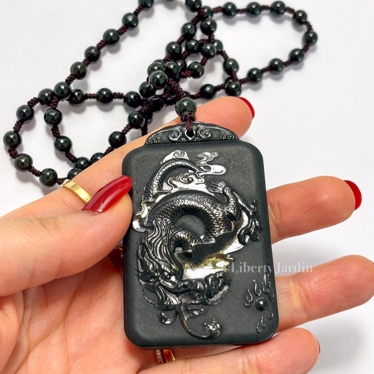 Natural Nephrite Dragon Necklace, Untreated Gemstone Jewellery, Beaded Pendant Ornament, Sustainable Handmade Men Accessories