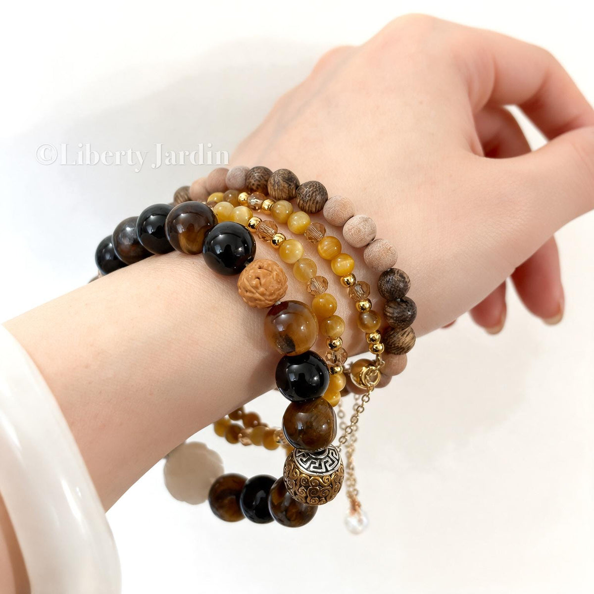 Tiger's Eyes Beaded Bracelet, Peach-wood Fragrance Statement Bangles, Natural Handmade, Bohemian Hippy Accessories Jewels