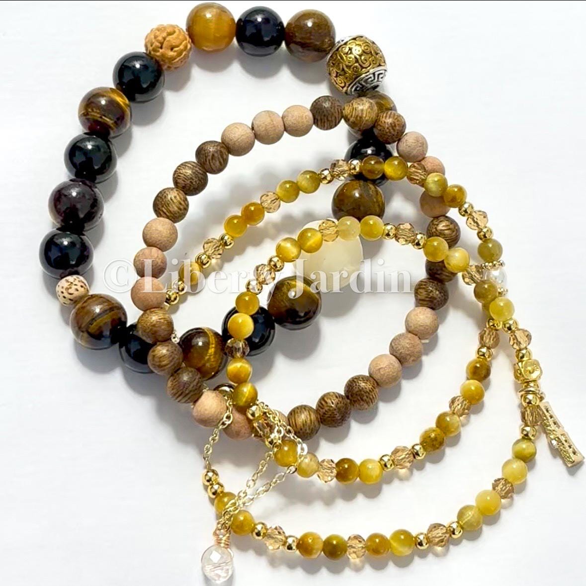 Tiger's Eyes Beaded Bracelet, Peach-wood Fragrance Statement Bangles, Natural Handmade, Bohemian Hippy Accessories Jewels