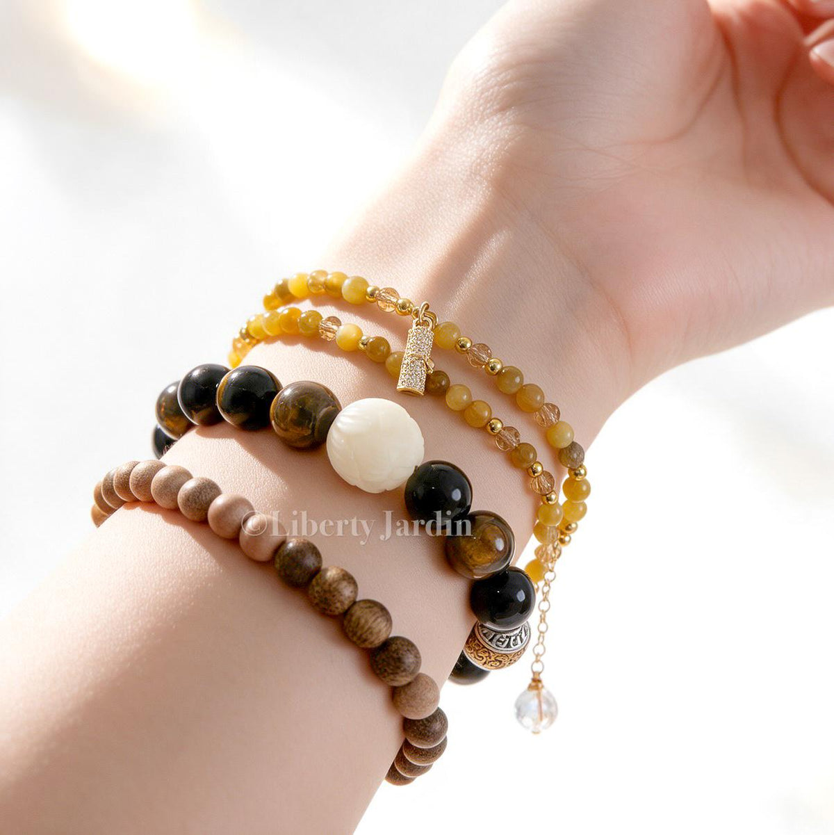 Tiger's Eyes Beaded Bracelet, Peach-wood Fragrance Statement Bangles, Natural Handmade, Bohemian Hippy Accessories Jewels