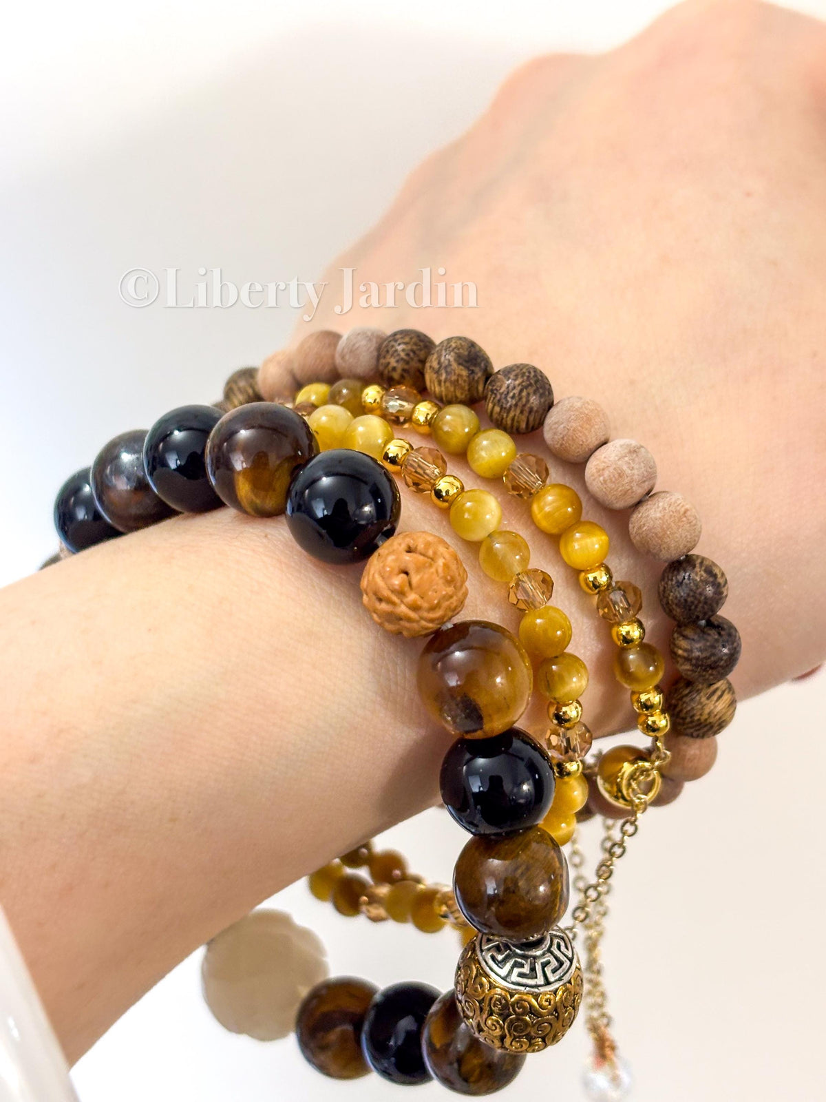 Tiger's Eyes Beaded Bracelet, Peach-wood Fragrance Statement Bangles, Natural Handmade, Bohemian Hippy Accessories Jewels