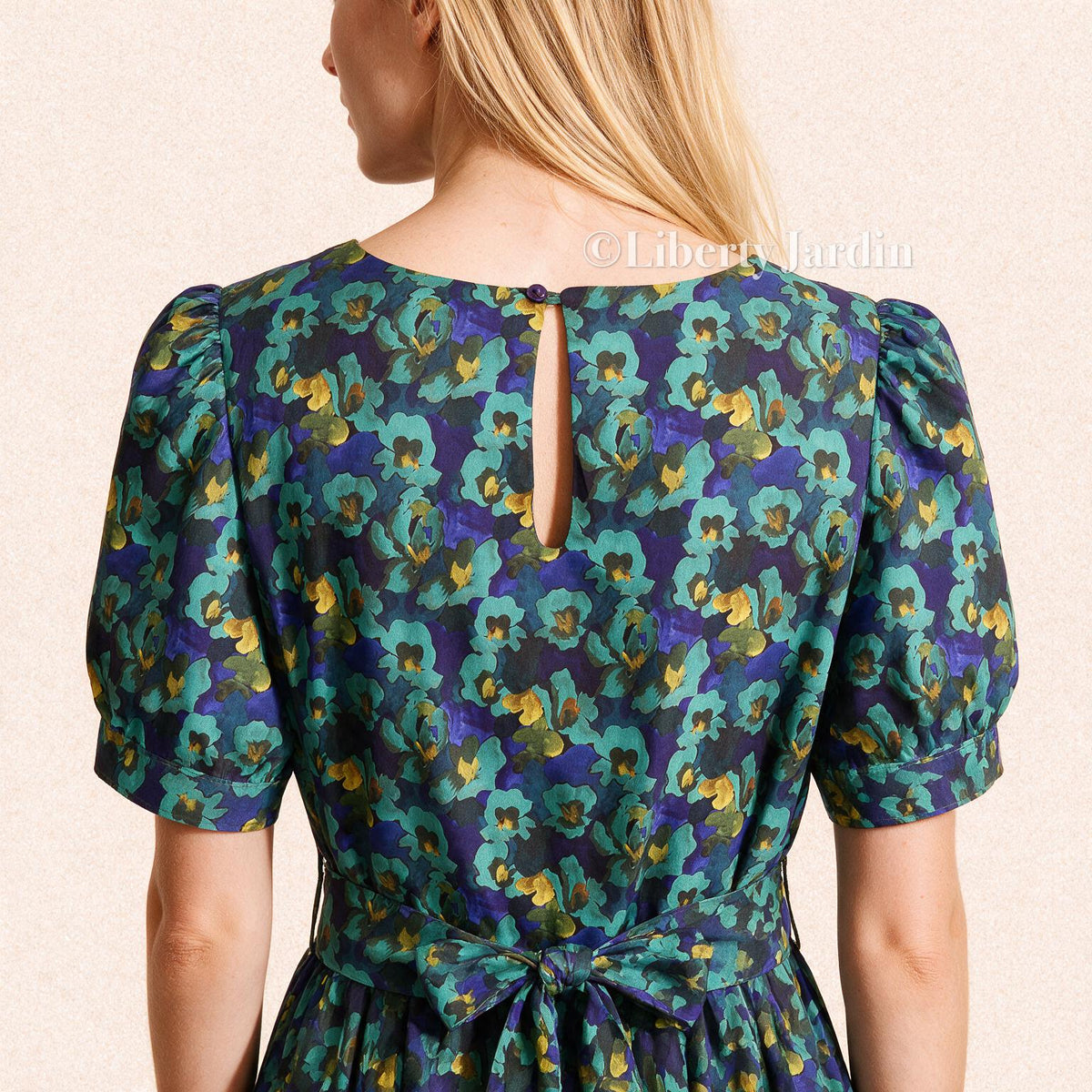Liberty London Smock Puffed-Sleeves Midi-Length Sun Dress, Sustainable Handmade Womenswear, Botanical Floral-print Cotton Clothing