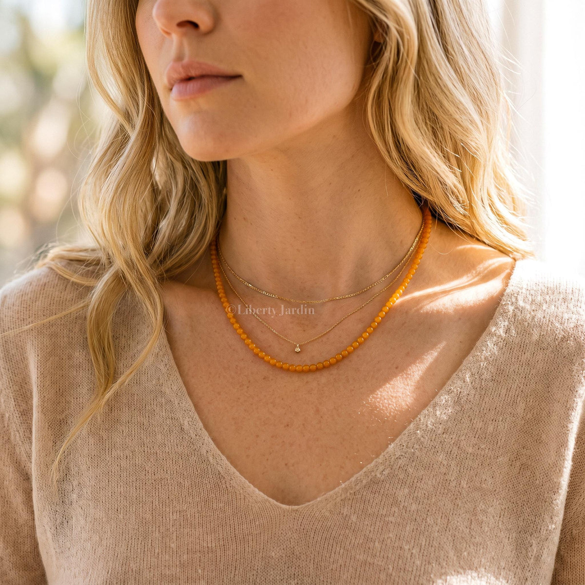 Type-A Jadeite Beaded Necklace, Honey Yellow Non-treated Jade Gemstone, Effortless Timeless Jewels, Handmade Accessories