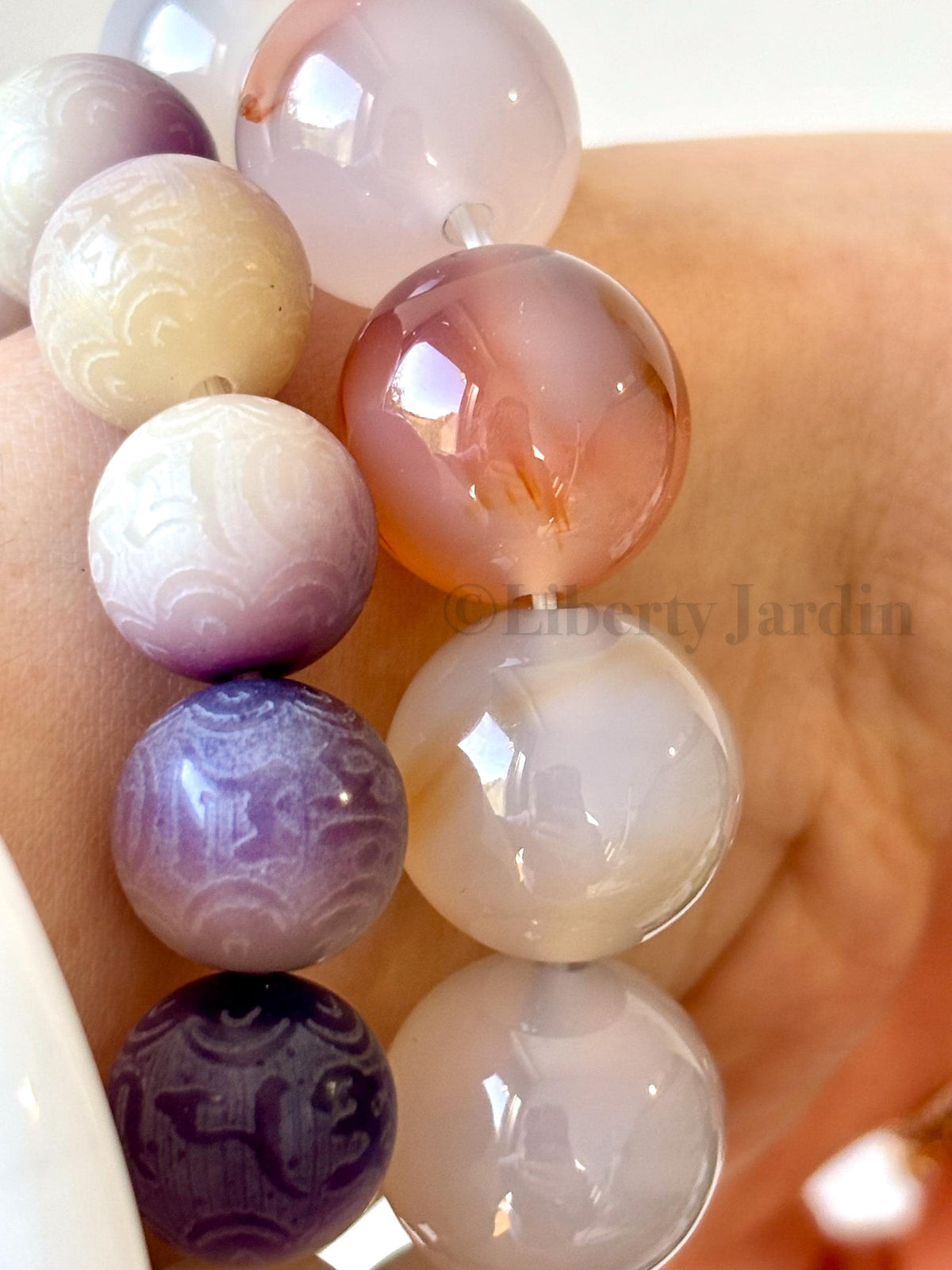 Brazilian Chalcedony Beaded Bracelet, Bodhi Wood Fragrance Bangles, Natural Crystal Agate, Bohemian Hippie Accessories