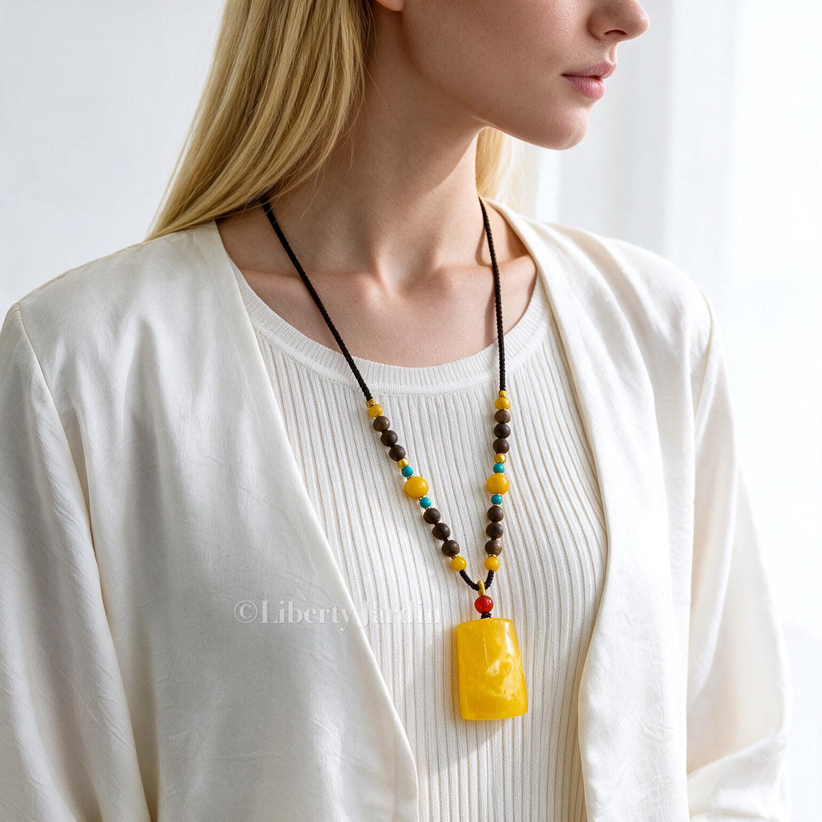 Royal Baltic Amber Pendant Necklace, Customised Non-treated Natural Gemstone, Rich Yellow-White Golden-Orange Bee Wax