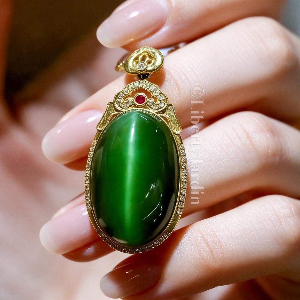 Solid 18K-Gold Cat-Eye Pendant Necklace, Certified Russian Natural Nephrite Cabochon, Fluorescence Heirloom Statement Jewellery