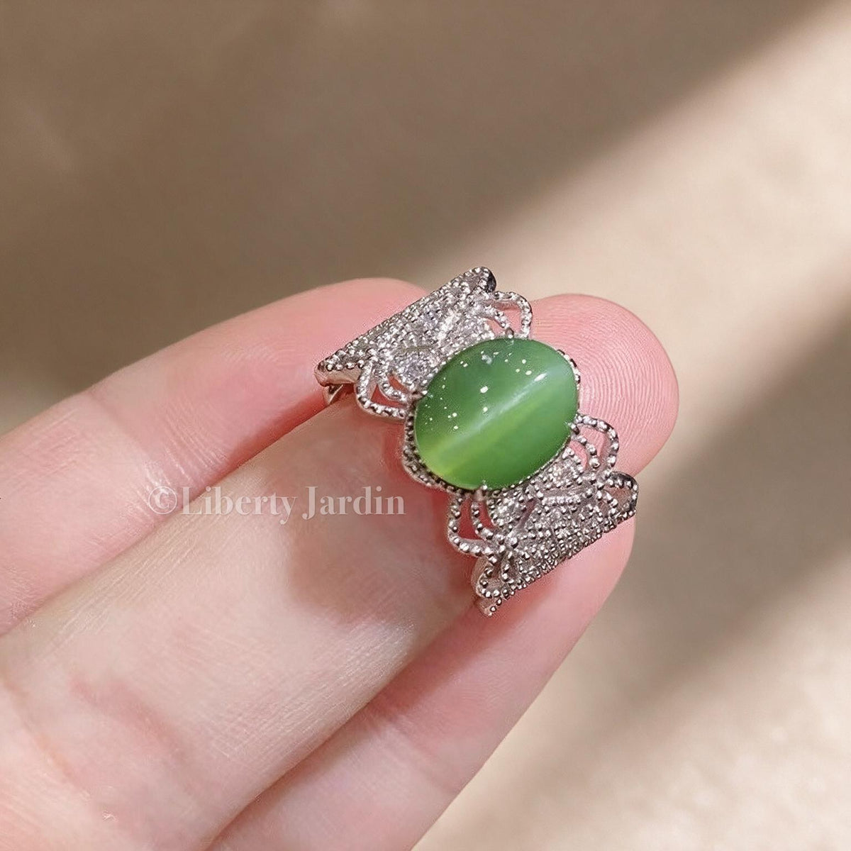 Cat-eyed Natural Nephrite Jade Adjustable Ring, Handmade Accessories, Non-treated Certified Gemstone, Statement Green Cabochon