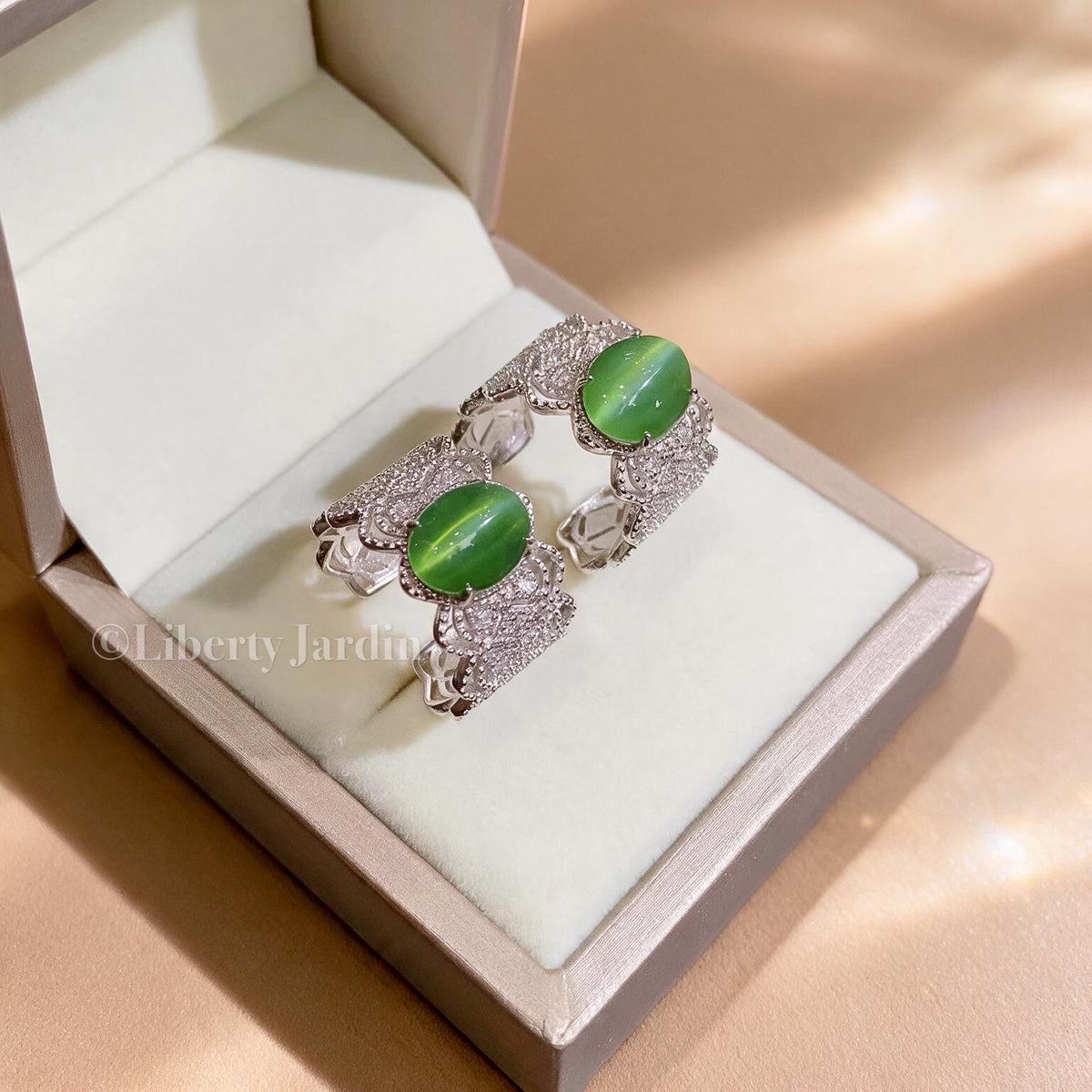 Cat-eyed Natural Nephrite Jade Adjustable Ring, Handmade Accessories, Non-treated Certified Gemstone, Statement Green Cabochon