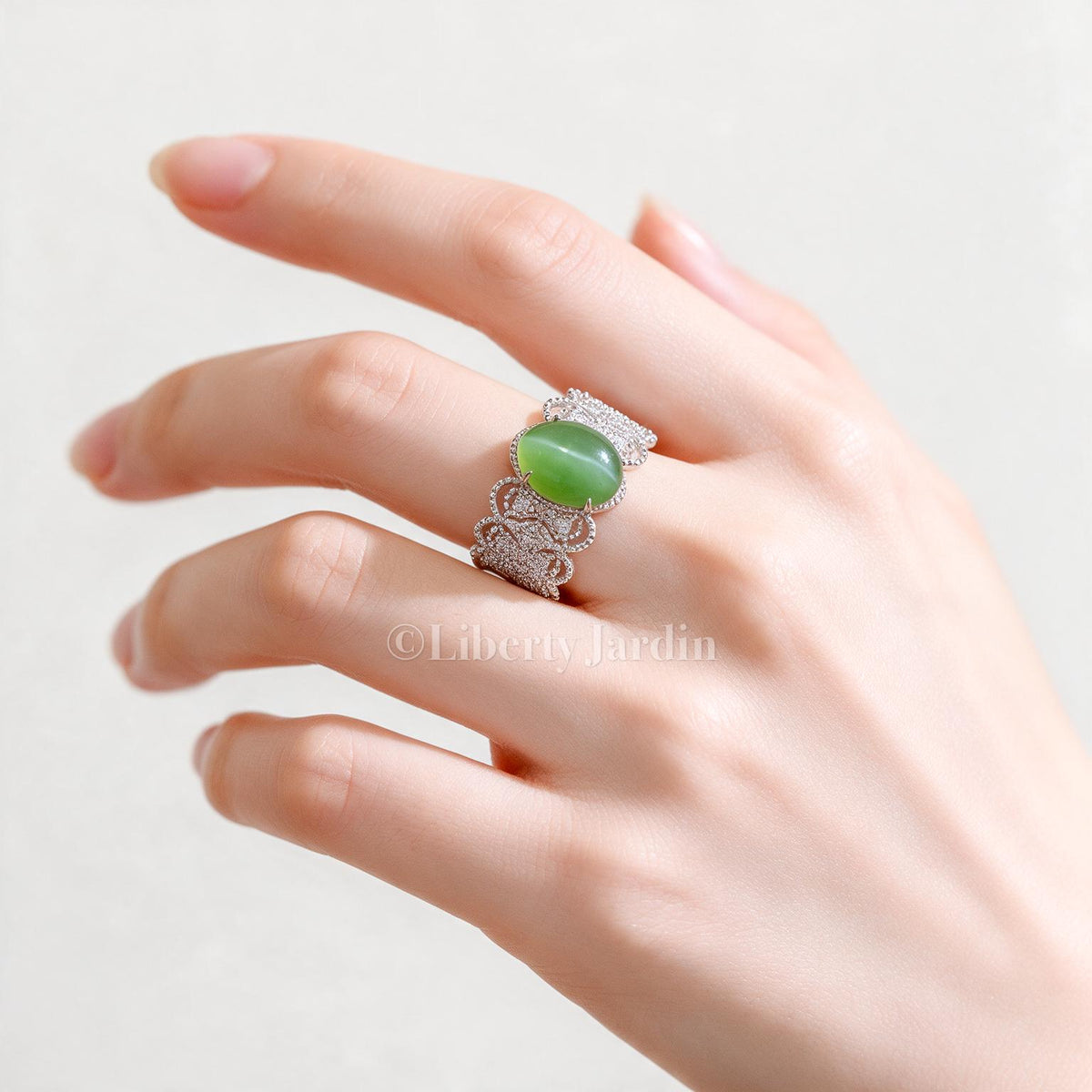 Cat-eyed Natural Nephrite Jade Adjustable Ring, Handmade Accessories, Non-treated Certified Gemstone, Statement Green Cabochon