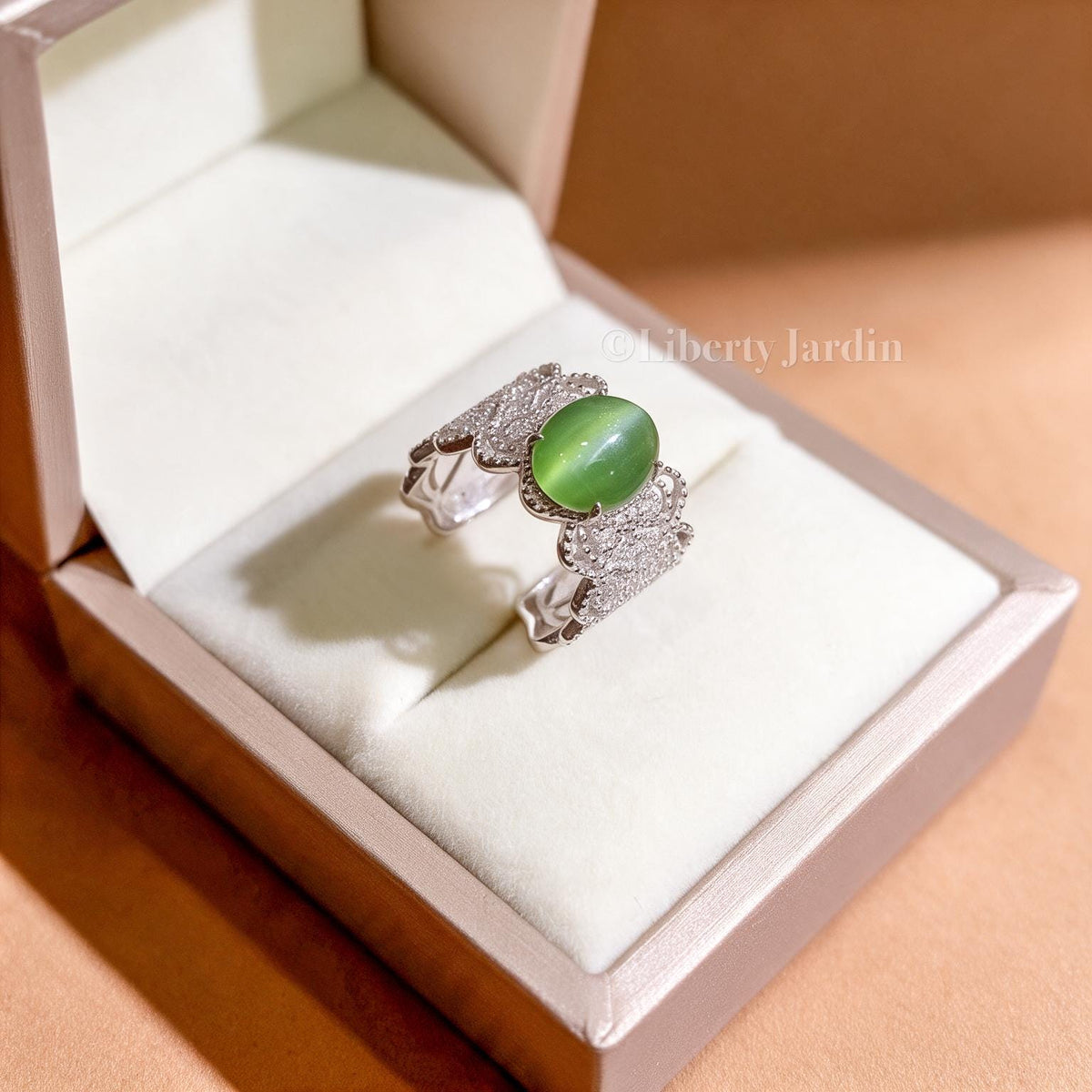 Cat-eyed Natural Nephrite Jade Adjustable Ring, Handmade Accessories, Non-treated Certified Gemstone, Statement Green Cabochon