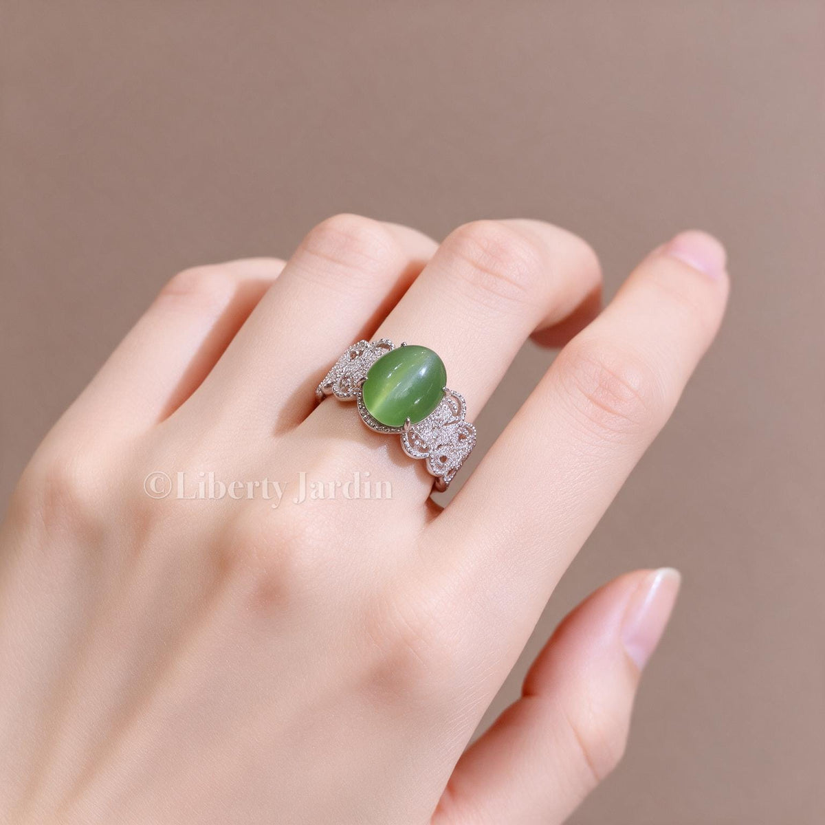Cat-eyed Natural Nephrite Jade Adjustable Ring, Handmade Accessories, Non-treated Certified Gemstone, Statement Green Cabochon
