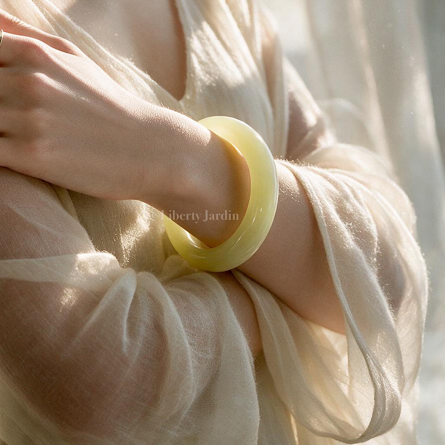 Pastel Yellow Natural Nephrite Bangle, Gemstone Armband, Certified Non-treated Jade, Huangkou Bracelet, Handmade Accessories
