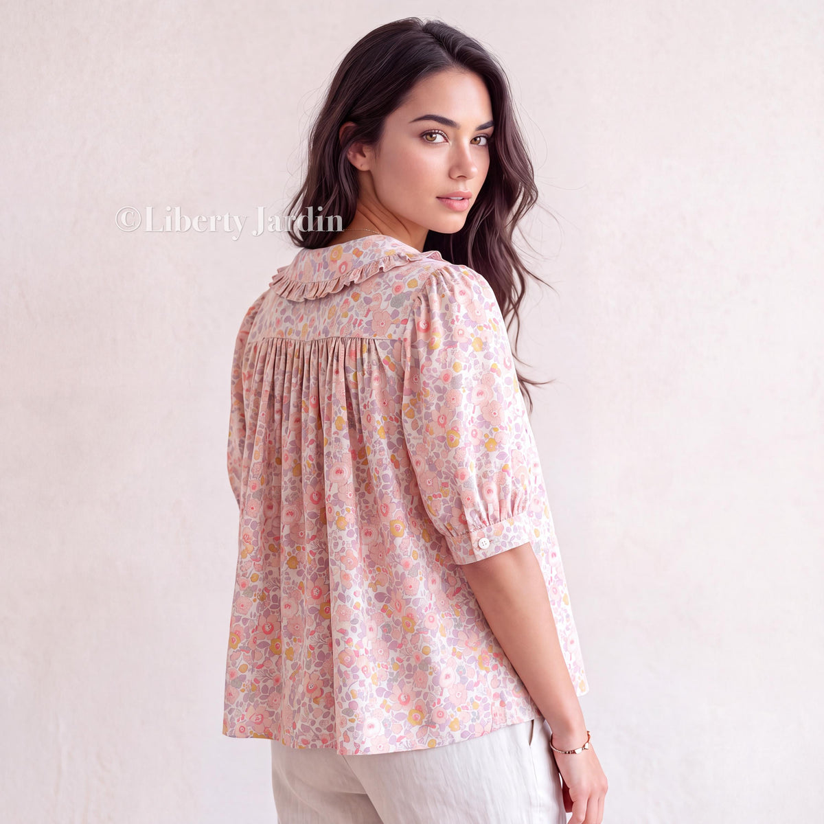 Liberty London Frilled Peter-Pan Collared Handmade Blouse, Button-up Puffed-Sleeves Chemise, Sustainable Tailoring Versatile Shirt