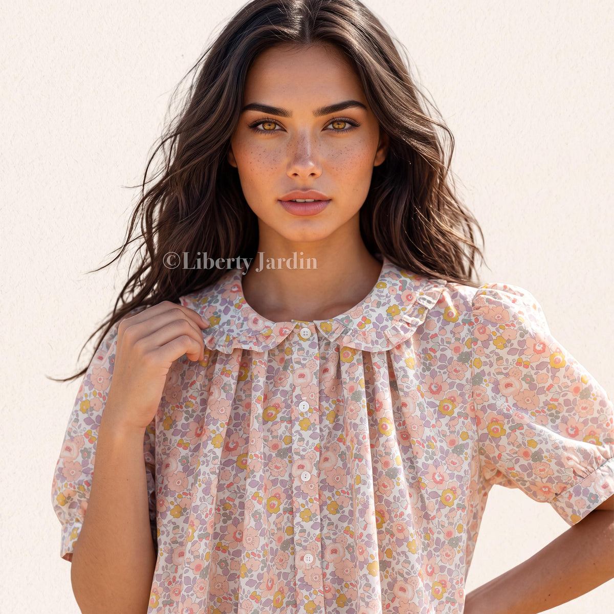 Liberty London Frilled Peter-Pan Collared Handmade Blouse, Button-up Puffed-Sleeves Chemise, Sustainable Tailoring Versatile Shirt