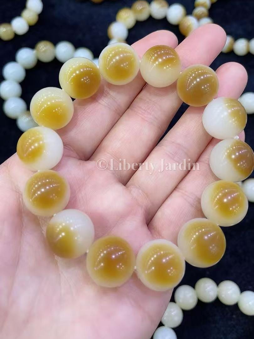 14mm Mutton-Fat Nephrite Jade Bracelet, Russian Honey-Colored Natural Gemstone, Heirloom Quality, Certified Collectible Timeless
