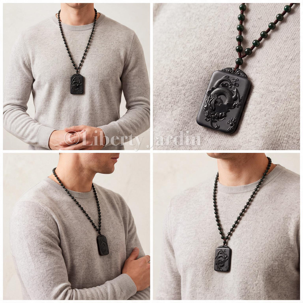 Natural Nephrite Dragon Necklace, Untreated Gemstone Jewellery, Beaded Pendant Ornament, Sustainable Handmade Men Accessories