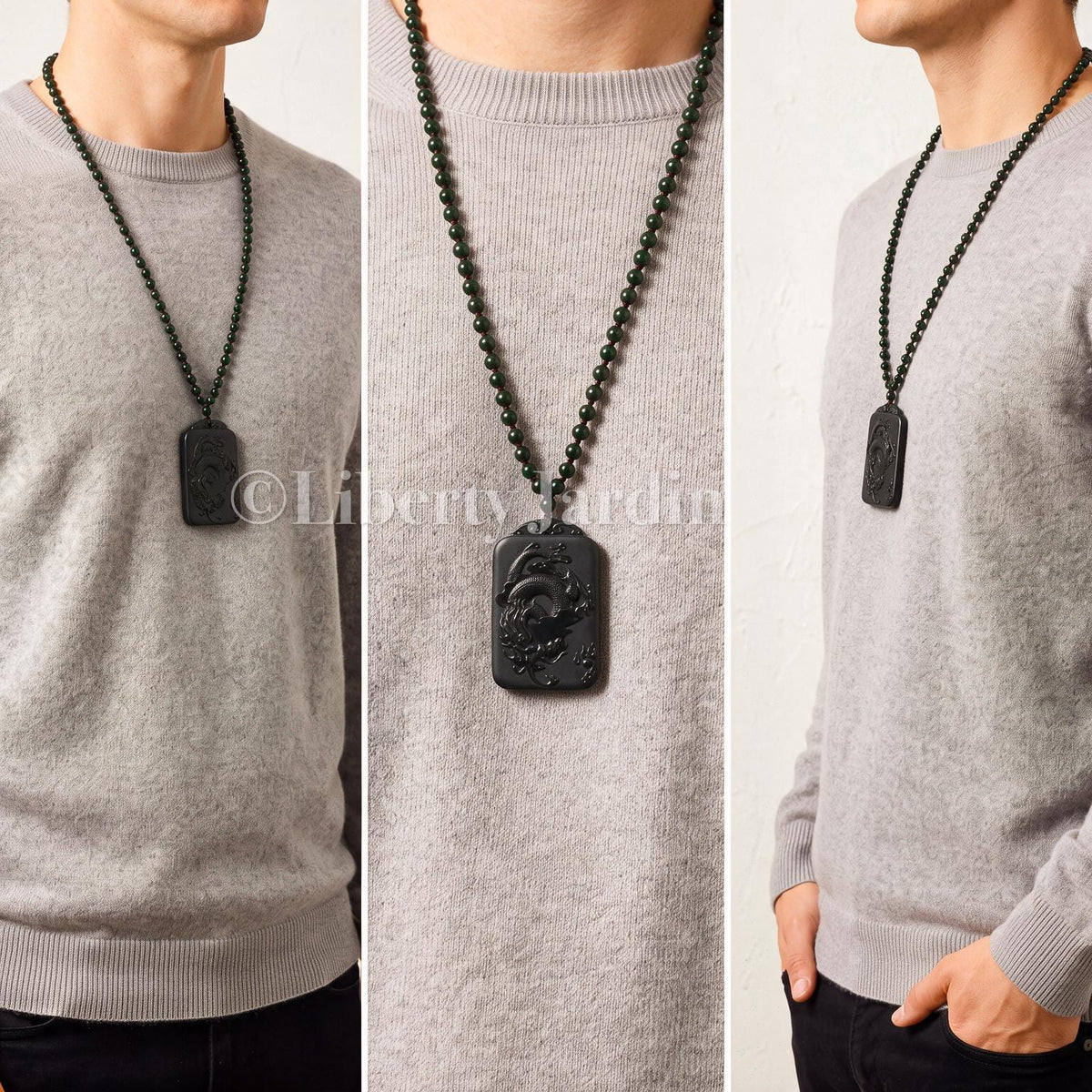 Natural Nephrite Dragon Necklace, Untreated Gemstone Jewellery, Beaded Pendant Ornament, Sustainable Handmade Men Accessories