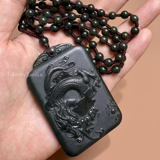 Natural Nephrite Dragon Necklace, Untreated Gemstone Jewellery, Beaded Pendant Ornament, Sustainable Handmade Men Accessories
