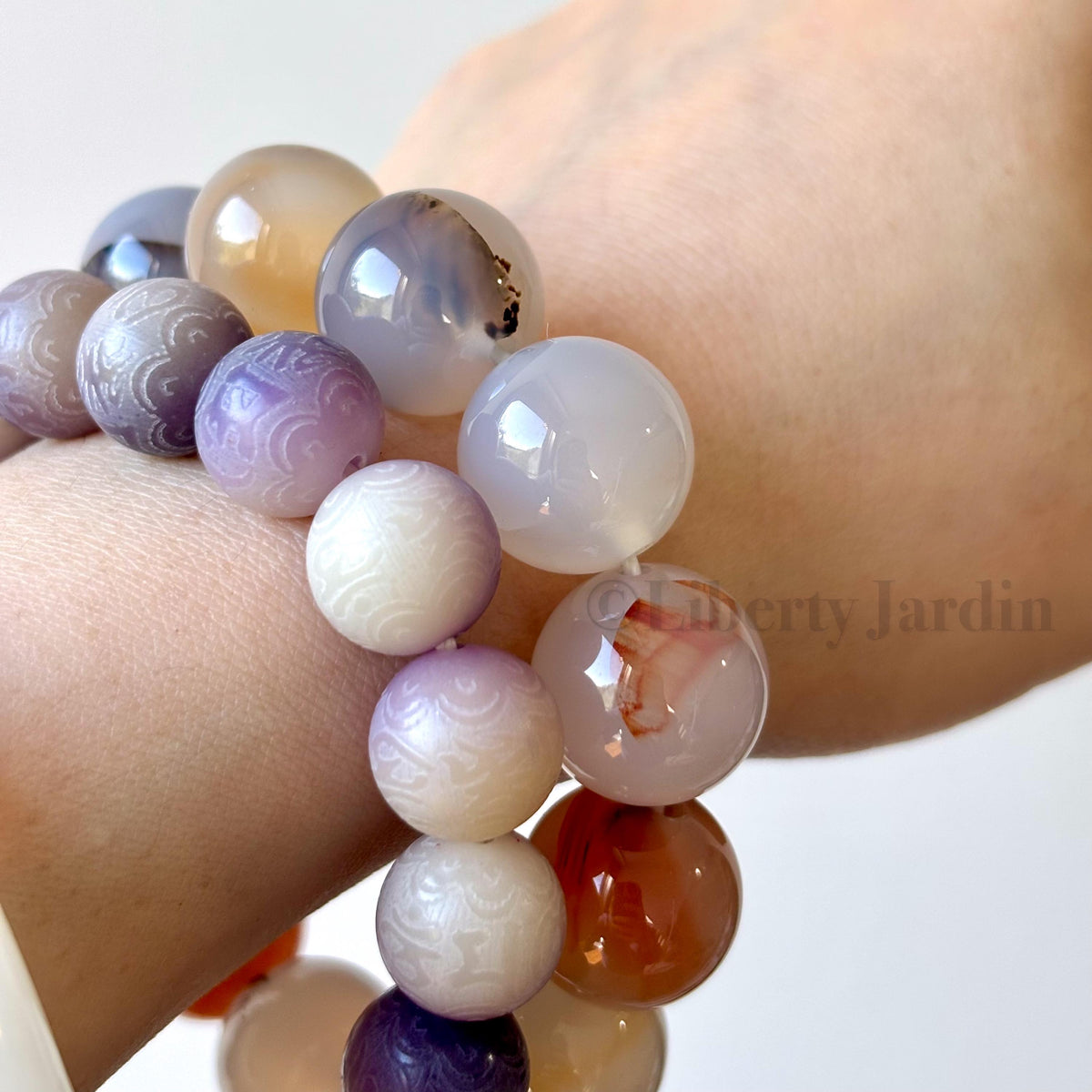 Brazilian Chalcedony Beaded Bracelet, Bodhi Wood Fragrance Bangles, Natural Crystal Agate, Bohemian Hippie Accessories