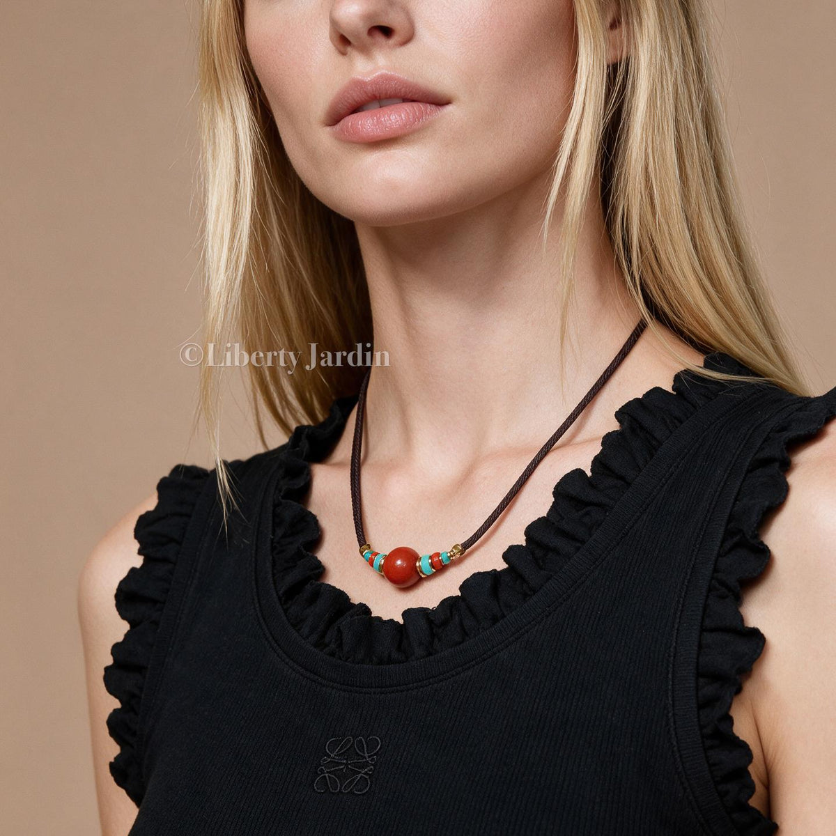 Red Southern Agate Baoshan Pendant Necklace, Natural Turquoise, Adjustable Beaded Choker, Sustainable Certified Jewellery