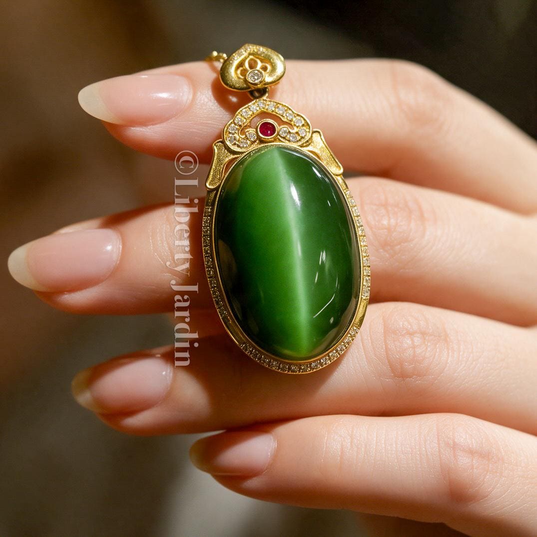 Solid 18K-Gold Cat-Eye Pendant Necklace, Certified Russian Natural Nephrite Cabochon, Fluorescence Heirloom Statement Jewellery