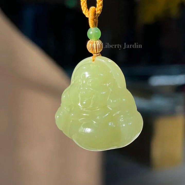 Natural Nephrite Jade Necklace , Smiling Buddha Pendant, Lucky Prosperity Healing, Handmade Jewellery, Vivid Huangkou