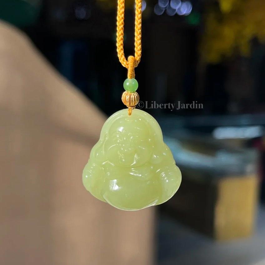 Natural Nephrite Jade Necklace , Smiling Buddha Pendant, Lucky Prosperity Healing, Handmade Jewellery, Vivid Huangkou