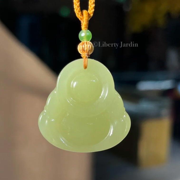 Natural Nephrite Jade Necklace , Smiling Buddha Pendant, Lucky Prosperity Healing, Handmade Jewellery, Vivid Huangkou