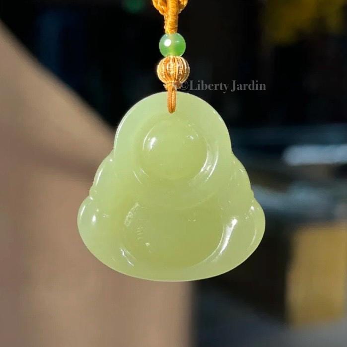 Natural Nephrite Jade Necklace , Smiling Buddha Pendant, Lucky Prosperity Healing, Handmade Jewellery, Vivid Huangkou
