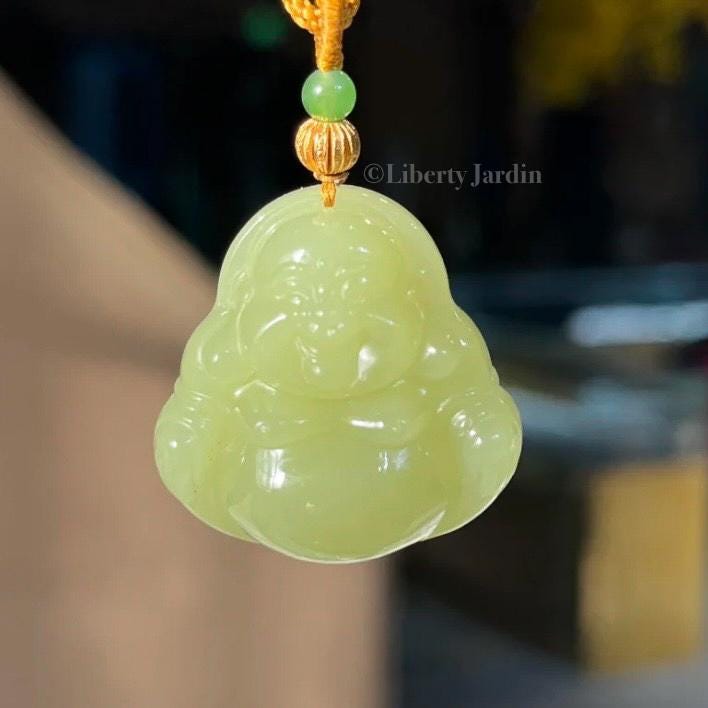 Natural Nephrite Jade Necklace , Smiling Buddha Pendant, Lucky Prosperity Healing, Handmade Jewellery, Vivid Huangkou
