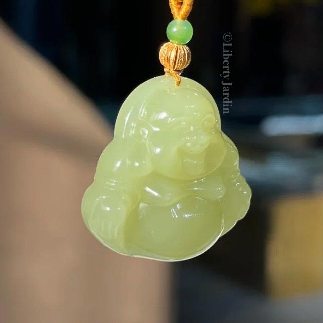 Natural Nephrite Jade Necklace , Smiling Buddha Pendant, Lucky Prosperity Healing, Handmade Jewellery, Vivid Huangkou