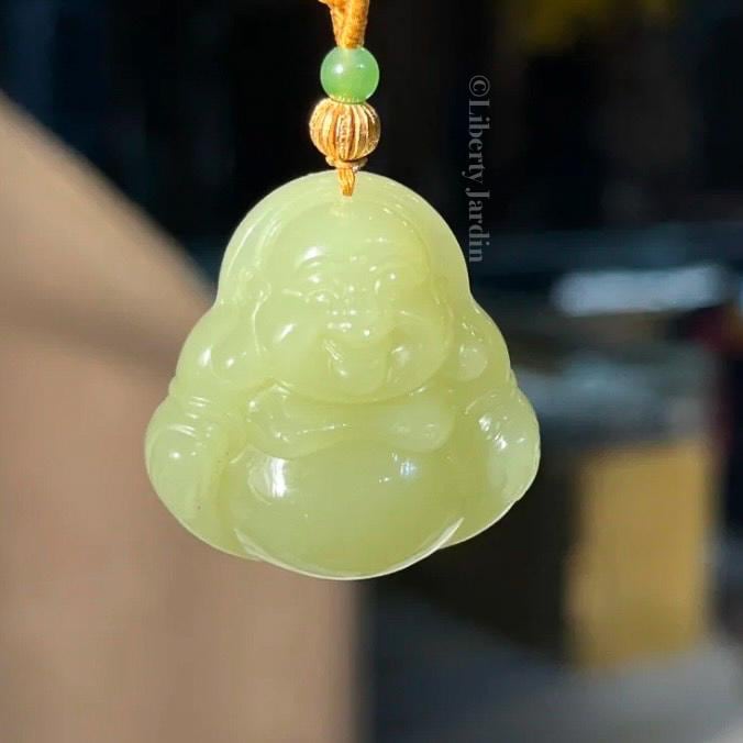 Natural Nephrite Jade Necklace , Smiling Buddha Pendant, Lucky Prosperity Healing, Handmade Jewellery, Vivid Huangkou
