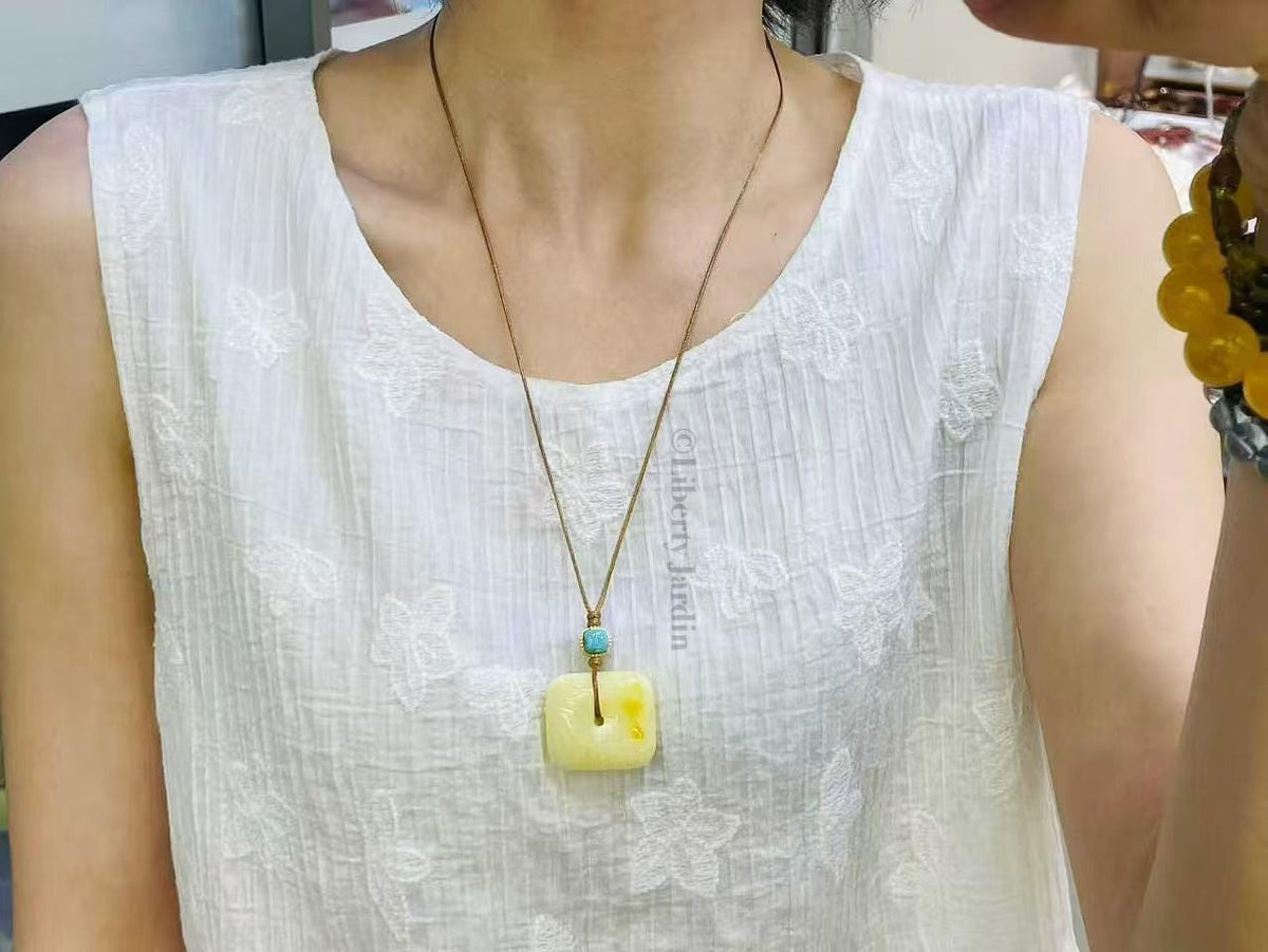Natural Baltic Amber Pendant Necklace, Turquoise Non-treated Gemstone, Creamy White Bee Wax, Sustainable Jewellery