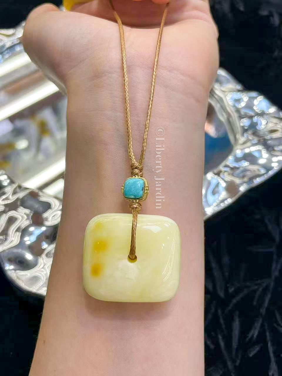 Natural Baltic Amber Pendant Necklace, Turquoise Non-treated Gemstone, Creamy White Bee Wax, Sustainable Jewellery