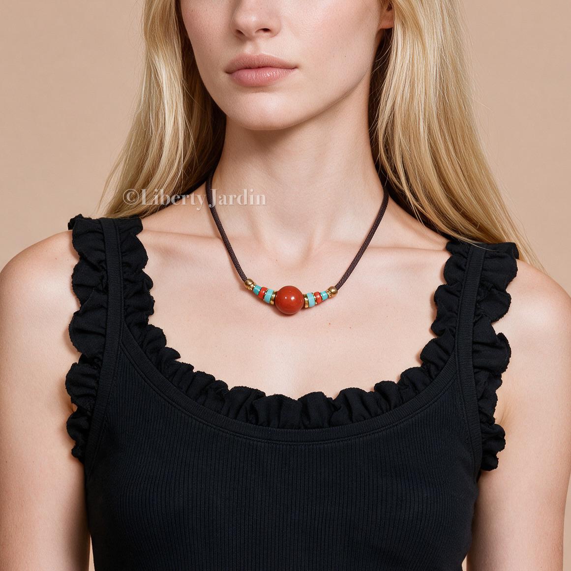Red Southern Agate Baoshan Pendant Necklace, Natural Turquoise, Adjustable Beaded Choker, Sustainable Certified Jewellery