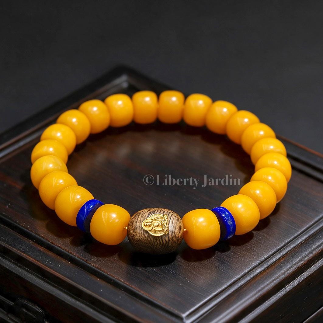 10mm Amber Baltic Bracelet, Natural Russian Honey Beeswax Armband, Lapis Lazuli Beaded Handmade Jewellery