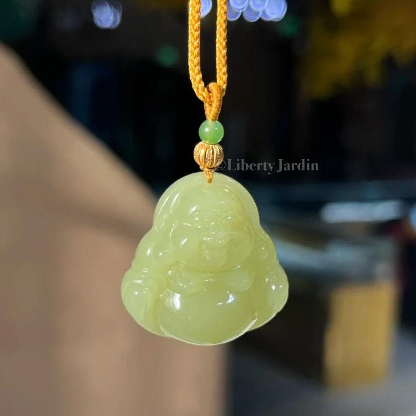 Natural Nephrite Jade Necklace , Smiling Buddha Pendant, Lucky Prosperity Healing, Handmade Jewellery, Vivid Huangkou