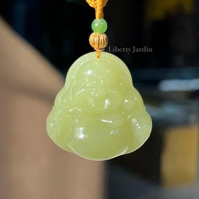 Natural Nephrite Jade Necklace , Smiling Buddha Pendant, Lucky Prosperity Healing, Handmade Jewellery, Vivid Huangkou