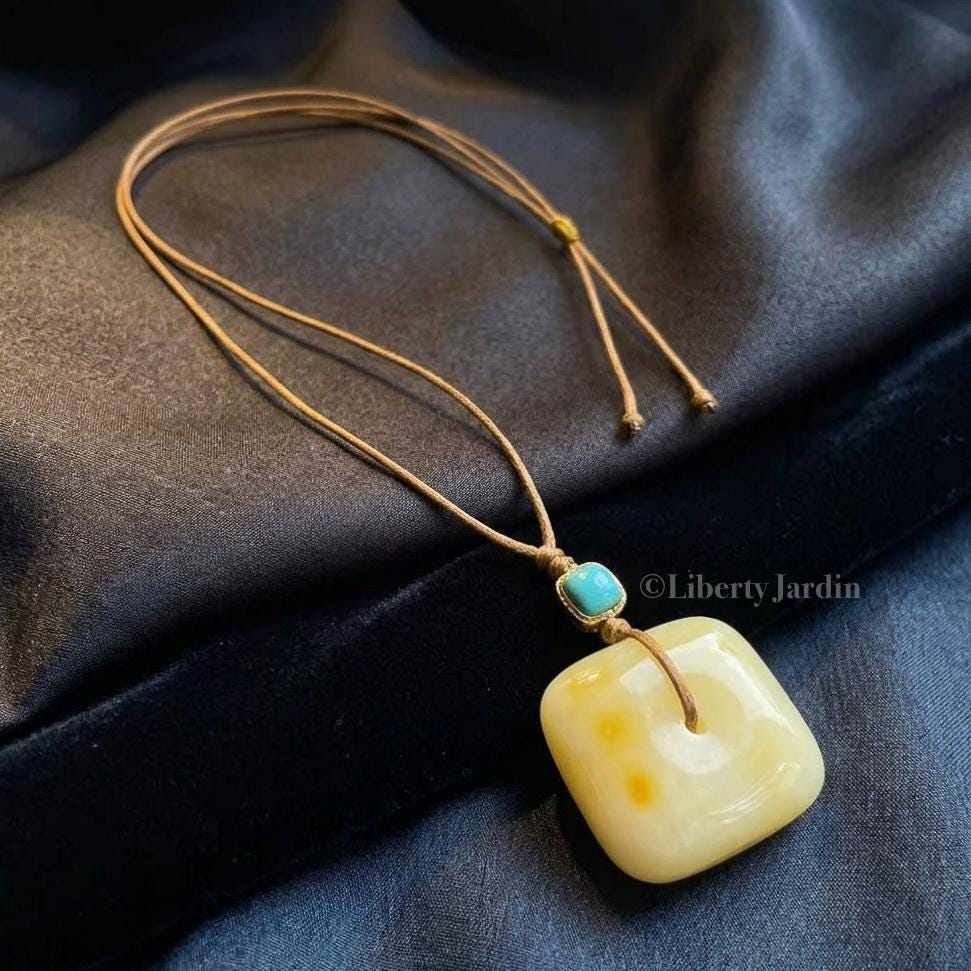 Natural Baltic Amber Pendant Necklace, Turquoise Non-treated Gemstone, Creamy White Bee Wax, Sustainable Jewellery
