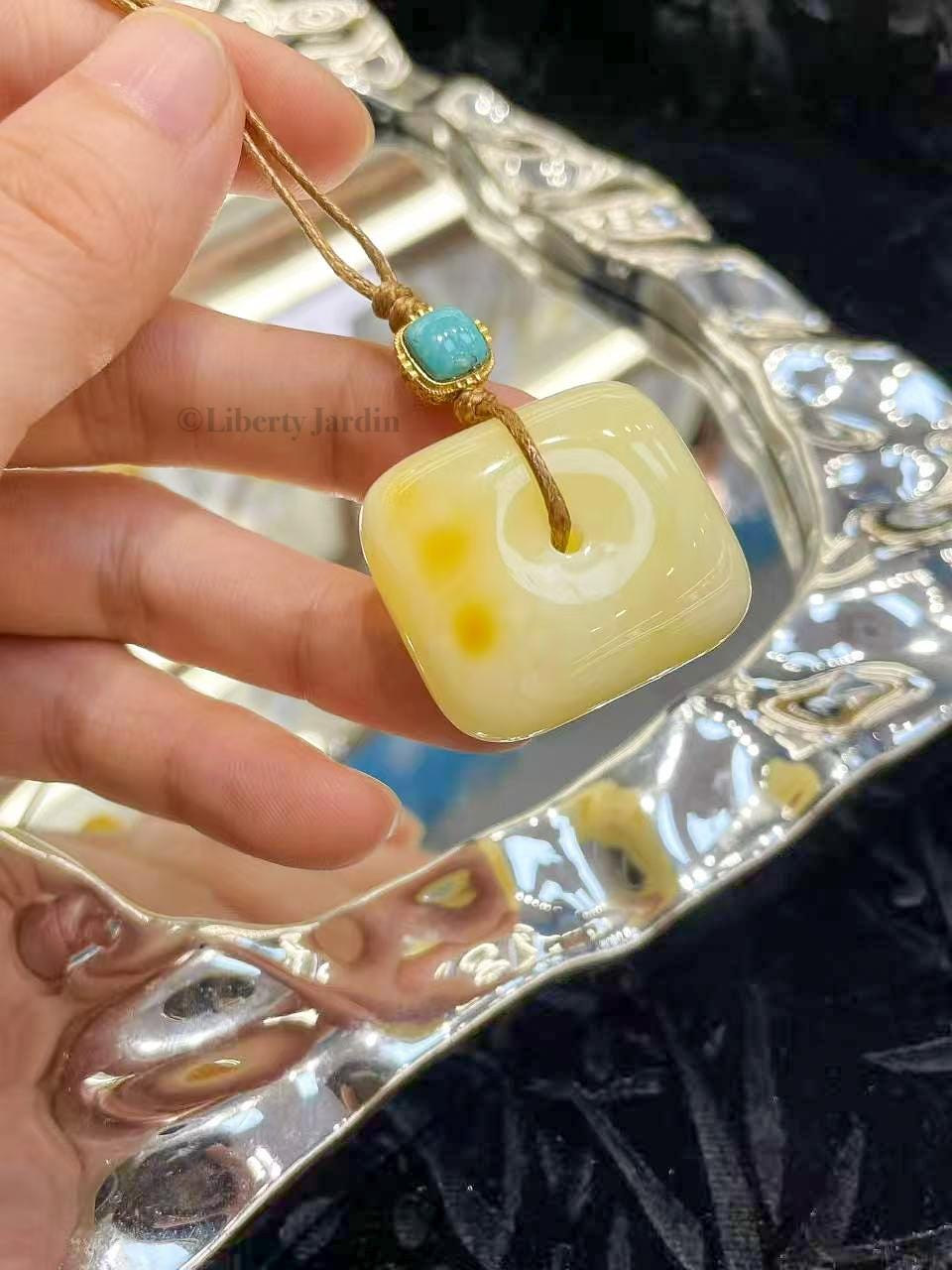 Natural Baltic Amber Pendant Necklace, Turquoise Non-treated Gemstone, Creamy White Bee Wax, Sustainable Jewellery