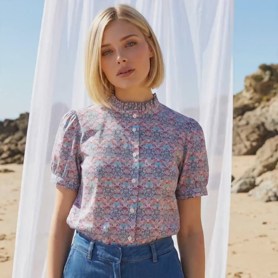 Liberty London Ruffle Collared Short-sleeved Blouse, Handmade Button-up Botanical Personalised Shirt, Botanical Sustainable Clothing