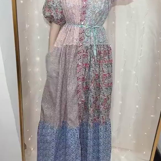 Maxi Liberty London Patches Tiered Shirt Dress: Button Through, Puffy Half Sleeves