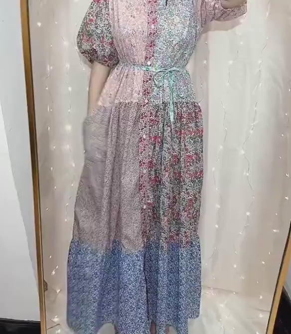 Maxi Liberty London Patches Tiered Shirt Dress: Button Through, Puffy Half Sleeves