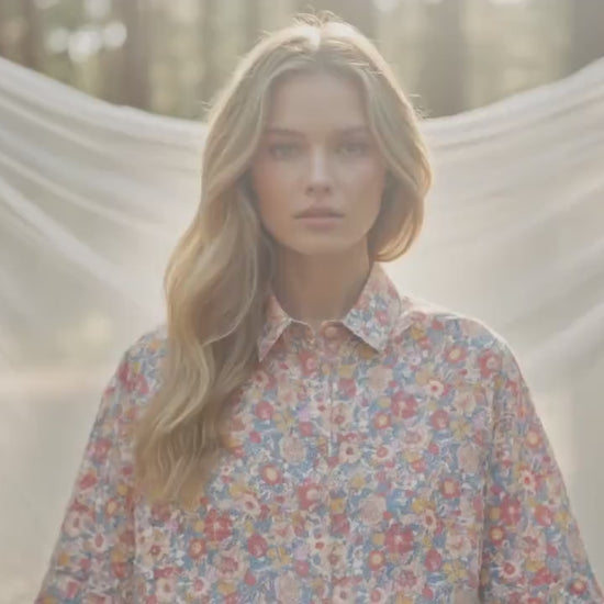 Liberty London Collared Shirt, Kimono Half-sleeved Blouse, Floral-Print Cotton Button-Up Chemise, Sustainable Handmade Womenswear